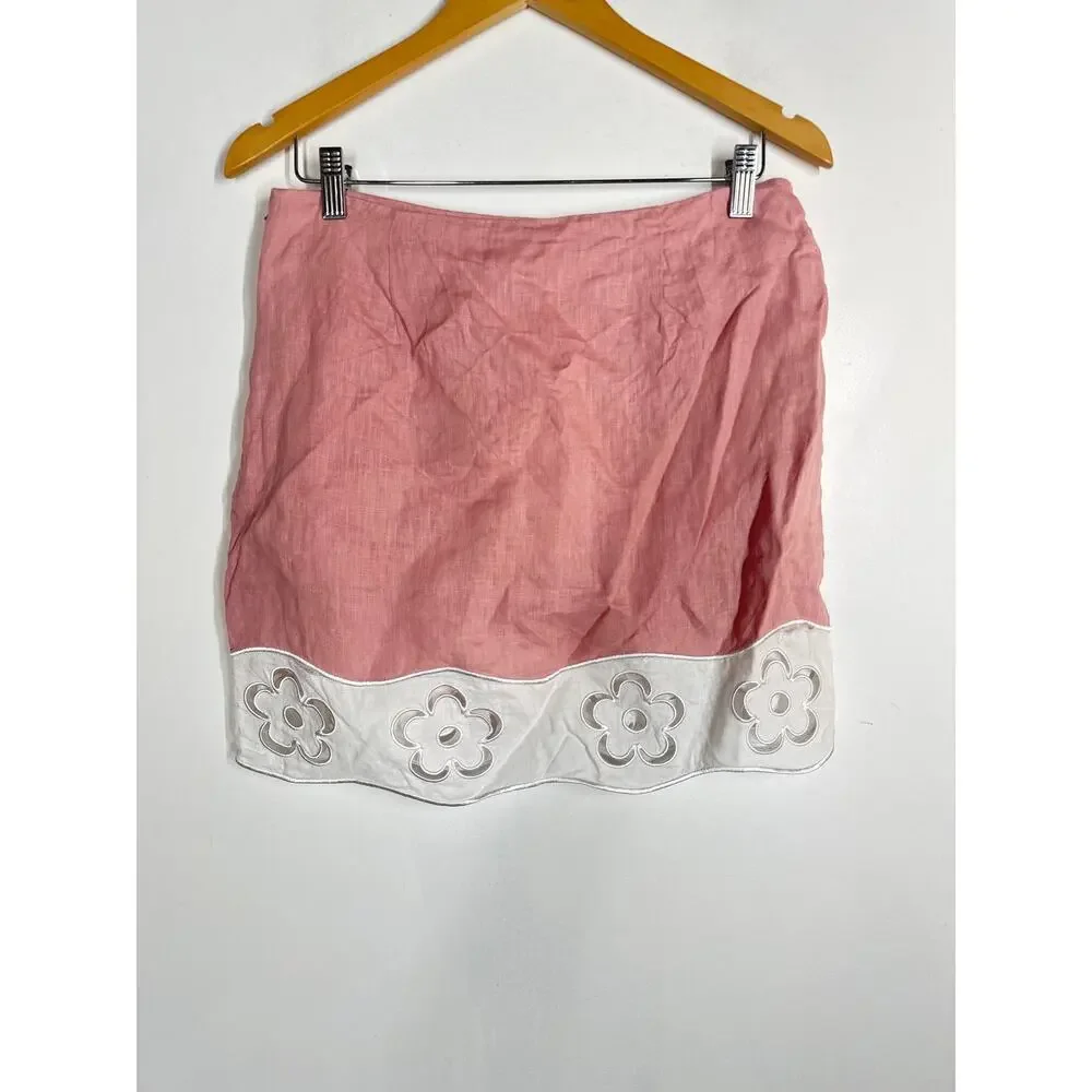 Staud Margaux Skirt Linen Floral Eyelet Embroidered Mini A-Line Pink White 10